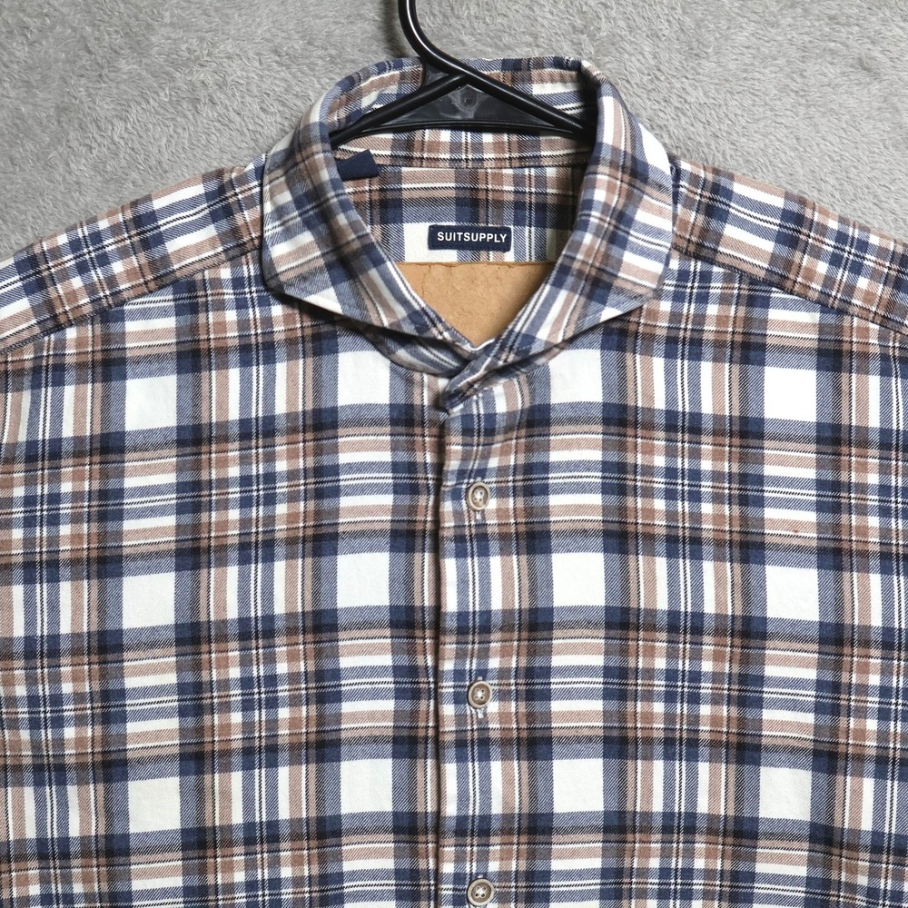 Suitsupply Shirt Mens 40 Brown White Plaid Flannel Long Sleeve Button Up Casual